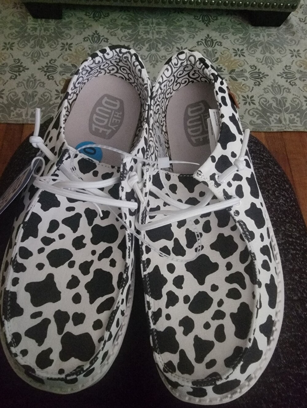 Hey Dude Men's Cow Pattern Boat Shoes - White & Black